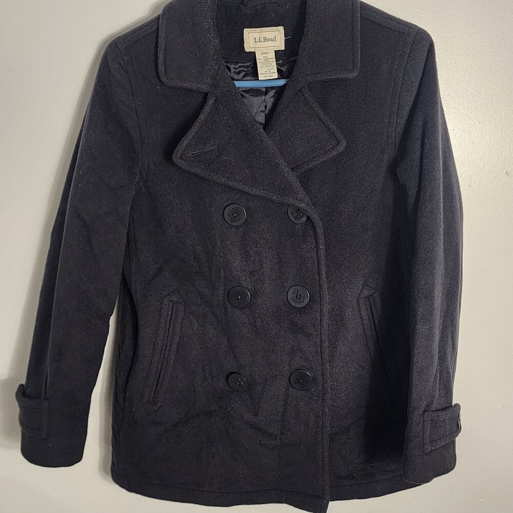 LL Bean Peacoat Womens Sz 8 Petite Black Thinsulate Lambswool Double Breasted